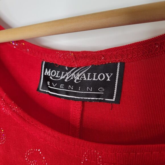 Vintage MOLLY MALLOY Slinky Red Heart Print Midi Dress Size L Valentine Sparkly - Picture 9 of 9